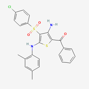 molecular formula C25H21ClN2O3S2 B2557862 [3-Amino-4-(4-chlorophenyl)sulfonyl-5-(2,4-dimethylanilino)thiophen-2-yl]-phenylmethanone CAS No. 866844-41-9