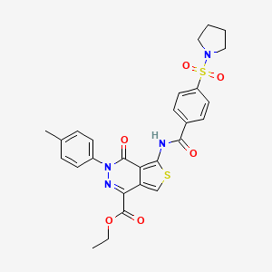 molecular formula C27H26N4O6S2 B2557894 Ethyl 4-oxo-5-(4-(pyrrolidin-1-ylsulfonyl)benzamido)-3-(p-tolyl)-3,4-dihydrothieno[3,4-d]pyridazine-1-carboxylate CAS No. 851948-71-5