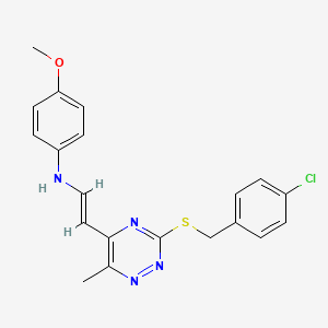 molecular formula C20H19ClN4OS B2557905 N-(2-(3-((4-Chlorobenzyl)sulfanyl)-6-methyl-1,2,4-triazin-5-yl)vinyl)-4-methoxyaniline CAS No. 477866-55-0