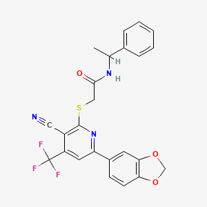 molecular formula C24H18F3N3O3S B2557914 2-[6-(1,3-benzodioxol-5-yl)-3-cyano-4-(trifluoromethyl)pyridin-2-yl]sulfanyl-N-(1-phenylethyl)acetamide CAS No. 625378-05-4