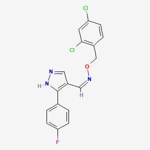 molecular formula C17H12Cl2FN3O B2558071 (Z)-[(2,4-dichlorophenyl)methoxy]({[3-(4-fluorophenyl)-1H-pyrazol-4-yl]methylidene})amine CAS No. 477711-34-5