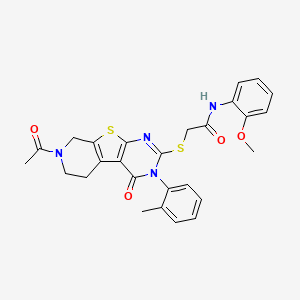 molecular formula C27H26N4O4S2 B2558072 2-((7-acetil-4-oxo-3-(o-tolil)-3,4,5,6,7,8-hexahidropirido[4',3':4,5]tieno[2,3-d]pirimidin-2-il)tio)-N-(2-metoxifenil)acetamida CAS No. 1216861-77-6