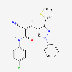 molecular formula C23H15ClN4OS B2558128 (Z)-N-(4-chlorophenyl)-2-cyano-3-(1-phenyl-3-thiophen-2-ylpyrazol-4-yl)prop-2-enamide CAS No. 475200-85-2