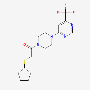 molecular formula C16H21F3N4OS B2558195 2-(Cyclopentylthio)-1-(4-(6-(Trifluormethyl)pyrimidin-4-yl)piperazin-1-yl)ethanon CAS No. 2034260-86-9