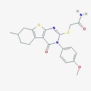 molecular formula C20H21N3O3S2 B255832 2-[[3-(4-Methoxyphenyl)-7-methyl-4-oxo-5,6,7,8-tetrahydro-[1]benzothiolo[2,3-d]pyrimidin-2-yl]sulfanyl]acetamide 