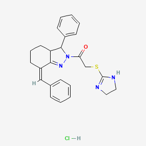 molecular formula C25H27ClN4OS B2558337 2-(4,5-二氢-1H-咪唑-2-基硫代)-1-[3-苯基-7-(苯甲亚甲基)-3,3a,4,5,6,7-六氢-2H-吲唑-2-基]乙烷-1-酮盐酸盐 CAS No. 452941-23-0