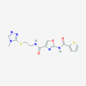 molecular formula C14H14N6O3S2 B2558361 N-(2-((4-甲基-4H-1,2,4-三唑-3-基)硫代)乙基)-2-(噻吩-2-甲酰胺)恶唑-4-甲酰胺 CAS No. 1286705-68-7