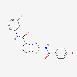 molecular formula C20H15F2N3O2S B2558368 2-(4-fluorobenzamido)-N-(3-fluorophenyl)-5,6-dihydro-4H-cyclopenta[d]thiazole-4-carboxamide CAS No. 941967-99-3
