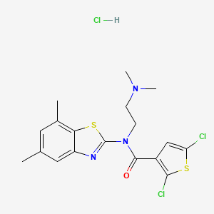 molecular formula C18H20Cl3N3OS2 B2558391 2,5-dichloro-N-(2-(dimethylamino)ethyl)-N-(5,7-dimethylbenzo[d]thiazol-2-yl)thiophene-3-carboxamide hydrochloride CAS No. 1052531-03-9