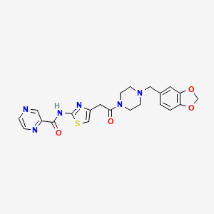 B2558408 N-(4-(2-(4-(benzo[d][1,3]dioxol-5-ylmethyl)piperazin-1-yl)-2-oxoethyl)thiazol-2-yl)pyrazine-2-carboxamide CAS No. 1209884-60-5