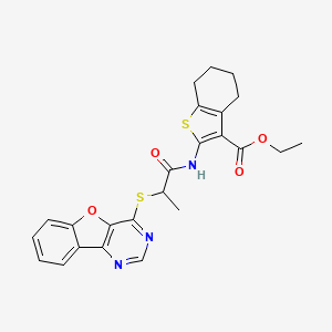 molecular formula C24H23N3O4S2 B2558462 Ethyl 2-(2-(benzofuro[3,2-d]pyrimidin-4-ylthio)propanamido)-4,5,6,7-tetrahydrobenzo[b]thiophene-3-carboxylate CAS No. 851130-32-0