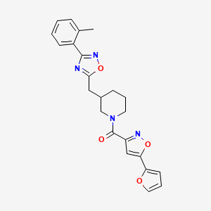 molecular formula C23H22N4O4 B2558510 (5-(Furan-2-yl)isoxazol-3-yl)(3-((3-(o-tolyl)-1,2,4-oxadiazol-5-yl)methyl)piperidin-1-yl)methanone CAS No. 1705244-98-9
