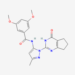 molecular formula C20H21N5O4 B2558543 3,5-dimethoxy-N-(3-methyl-1-(4-oxo-4,5,6,7-tetrahydro-3H-cyclopenta[d]pyrimidin-2-yl)-1H-pyrazol-5-yl)benzamide CAS No. 1003799-57-2