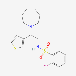 molecular formula C18H23FN2O2S2 B2558549 N-(2-(azepan-1-yl)-2-(thiophen-3-yl)ethyl)-2-fluorobenzenesulfonamide CAS No. 946357-35-3