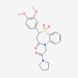 molecular formula C23H26N2O6S B2558581 2-(3,4-dimethoxyphenyl)-5-(2-oxo-2-(pyrrolidin-1-yl)ethyl)-2,3-dihydrobenzo[b][1,4]thiazepin-4(5H)-one 1,1-dioxide CAS No. 863452-42-0