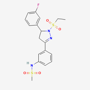 molecular formula C18H20FN3O4S2 B2558653 N-(3-(1-(乙基磺酰基)-5-(3-氟苯基)-4,5-二氢-1H-吡唑-3-基)苯基)甲磺酰胺 CAS No. 851782-43-9