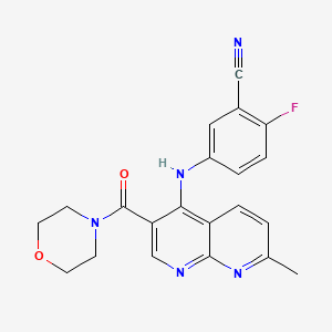 molecular formula C21H18FN5O2 B2558683 2-Fluoro-5-((7-methyl-3-(morpholine-4-carbonyl)-1,8-naphthyridin-4-yl)amino)benzonitrile CAS No. 1251600-96-0
