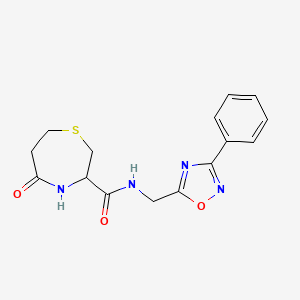 molecular formula C15H16N4O3S B2558704 5-oxo-N-((3-phenyl-1,2,4-oxadiazol-5-yl)methyl)-1,4-thiazepane-3-carboxamide CAS No. 1396556-32-3