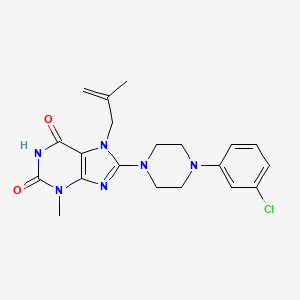 molecular formula C20H23ClN6O2 B2558716 8-[4-(3-Chlorophenyl)piperazin-1-yl]-3-methyl-7-(2-methylprop-2-enyl)purine-2,6-dione CAS No. 878441-30-6