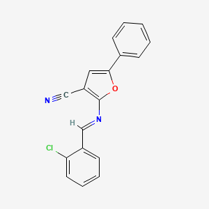 molecular formula C18H11ClN2O B2558735 2-[(E)-[(2-chlorophenyl)methylidene]amino]-5-phenylfuran-3-carbonitrile CAS No. 478033-40-8