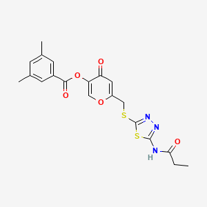 molecular formula C20H19N3O5S2 B2558781 4-oxo-6-(((5-propionamido-1,3,4-thiadiazol-2-yl)thio)methyl)-4H-pyran-3-yl 3,5-dimethylbenzoate CAS No. 896017-49-5