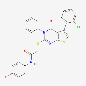 molecular formula C26H17ClFN3O2S2 B2558807 2-[5-(2-chlorophenyl)-4-oxo-3-phenylthieno[2,3-d]pyrimidin-2-yl]sulfanyl-N-(4-fluorophenyl)acetamide CAS No. 670273-92-4