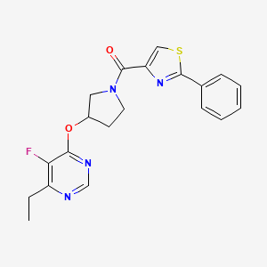 molecular formula C20H19FN4O2S B2558881 (3-((6-Ethyl-5-fluoropyrimidin-4-yl)oxy)pyrrolidin-1-yl)(2-phenylthiazol-4-yl)methanone CAS No. 2034573-92-5