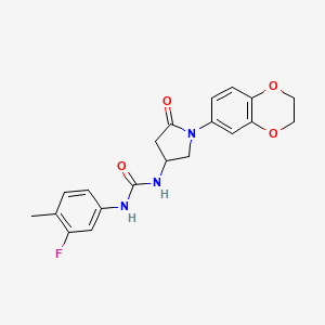 molecular formula C20H20FN3O4 B2558891 1-(1-(2,3-Dihydrobenzo[b][1,4]dioxin-6-yl)-5-oxopyrrolidin-3-yl)-3-(3-fluoro-4-methylphenyl)urea CAS No. 877641-06-0
