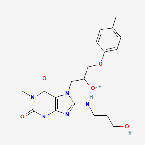 molecular formula C20H27N5O5 B2559078 7-(2-hydroxy-3-(p-tolyloxy)propyl)-8-((3-hydroxypropyl)amino)-1,3-dimethyl-1H-purine-2,6(3H,7H)-dione CAS No. 941916-72-9