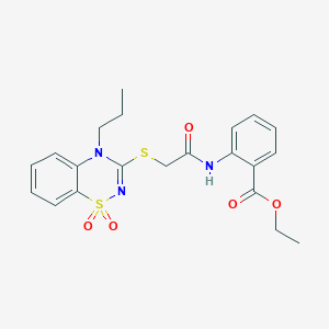 molecular formula C21H23N3O5S2 B2559117 ethyl 2-(2-((1,1-dioxido-4-propyl-4H-benzo[e][1,2,4]thiadiazin-3-yl)thio)acetamido)benzoate CAS No. 899725-66-7