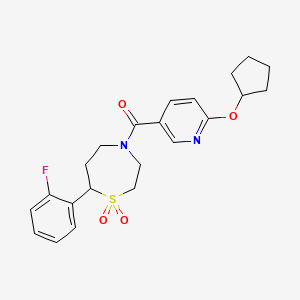 molecular formula C22H25FN2O4S B2559170 (6-(Cyclopentyloxy)pyridin-3-yl)(7-(2-fluorophenyl)-1,1-dioxido-1,4-thiazepan-4-yl)methanone CAS No. 2034384-48-8