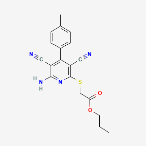 molecular formula C19H18N4O2S B2559174 Propyl 2-((6-amino-3,5-dicyano-4-(p-tolyl)pyridin-2-yl)thio)acetate CAS No. 476318-74-8