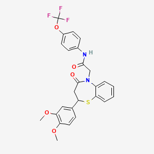 molecular formula C26H23F3N2O5S B2559220 2-(2-(3,4-dimethoxyphenyl)-4-oxo-3,4-dihydrobenzo[b][1,4]thiazepin-5(2H)-yl)-N-(4-(trifluoromethoxy)phenyl)acetamide CAS No. 863004-66-4