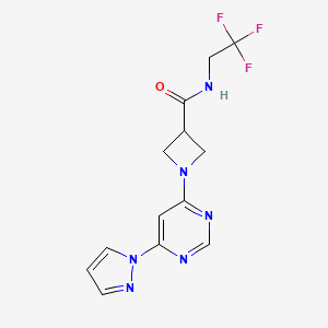 molecular formula C13H13F3N6O B2559262 1-(6-(1H-pyrazol-1-yl)pyrimidin-4-yl)-N-(2,2,2-trifluoroethyl)azetidine-3-carboxamide CAS No. 2034480-74-3