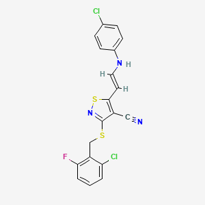 molecular formula C19H12Cl2FN3S2 B2559378 5-[2-(4-Chloroanilino)vinyl]-3-[(2-chloro-6-fluorobenzyl)sulfanyl]-4-isothiazolecarbonitrile CAS No. 338778-77-1