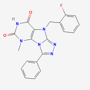 molecular formula C20H15FN6O2 B2559400 5-[(2-Fluorophenyl)methyl]-1-methyl-8-phenylpurino[8,9-c][1,2,4]triazole-2,4-dione CAS No. 921533-52-0