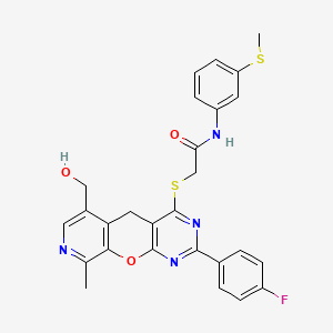 molecular formula C27H23FN4O3S2 B2559417 2-((2-(4-fluorophenyl)-6-(hydroxymethyl)-9-methyl-5H-pyrido[4',3':5,6]pyrano[2,3-d]pyrimidin-4-yl)thio)-N-(3-(methylthio)phenyl)acetamide CAS No. 892385-90-9