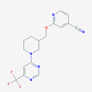 molecular formula C17H16F3N5O B2559421 2-[[1-[6-(Trifluoromethyl)pyrimidin-4-yl]piperidin-3-yl]methoxy]pyridine-4-carbonitrile CAS No. 2380142-77-6