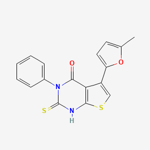 molecular formula C17H12N2O2S2 B2559481 チエノ[2,3-d]ピリミジン-4(1H)-オン,2,3-ジヒドロ-5-(5-メチル-2-フラニル)-3-(2-プロペン-1-イル)-2-チオキソ- CAS No. 379241-50-6