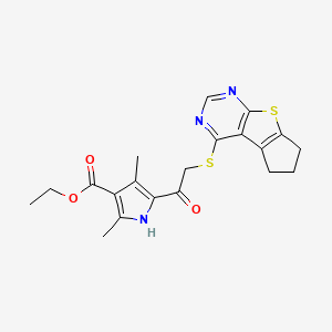 molecular formula C20H21N3O3S2 B2559504 ethyl 2,4-dimethyl-5-(2-{7-thia-9,11-diazatricyclo[6.4.0.0^{2,6}]dodeca-1(8),2(6),9,11-tetraen-12-ylsulfanyl}acetyl)-1H-pyrrole-3-carboxylate CAS No. 303787-88-4