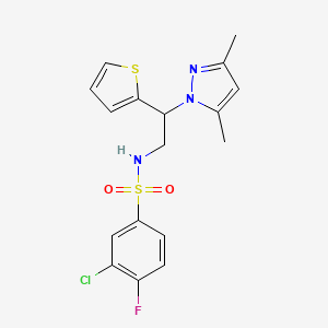 molecular formula C17H17ClFN3O2S2 B2559506 3-chloro-N-(2-(3,5-dimethyl-1H-pyrazol-1-yl)-2-(thiophen-2-yl)ethyl)-4-fluorobenzenesulfonamide CAS No. 2097901-07-8