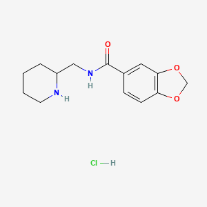 molecular formula C14H19ClN2O3 B2559587 N-(Piperidin-2-ylmethyl)benzo[d][1,3]dioxole-5-carboxamide hydrochloride CAS No. 1353980-62-7