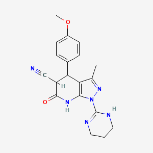 molecular formula C19H20N6O2 B2559636 4-(4-methoxyphenyl)-3-methyl-6-oxo-1-(1,4,5,6-tetrahydro-2-pyrimidinyl)-4,5,6,7-tetrahydro-1H-pyrazolo[3,4-b]pyridine-5-carbonitrile CAS No. 478043-74-2