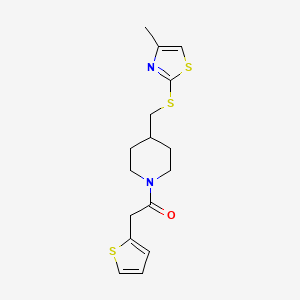 molecular formula C16H20N2OS3 B2559653 1-(4-(((4-Methylthiazol-2-yl)thio)methyl)piperidin-1-yl)-2-(thiophen-2-yl)ethanone CAS No. 1421450-71-6