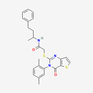 molecular formula C26H27N3O2S2 B2559679 2-{[3-(2,5-dimethylphenyl)-4-oxo-3,4-dihydrothieno[3,2-d]pyrimidin-2-yl]sulfanyl}-N-(4-phenylbutan-2-yl)acetamide CAS No. 1291843-46-3