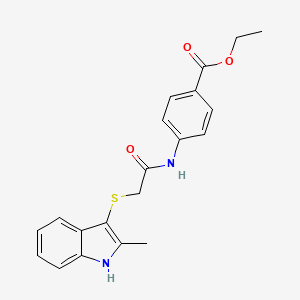 molecular formula C20H20N2O3S B2559773 ethyl 4-(2-((2-methyl-1H-indol-3-yl)thio)acetamido)benzoate CAS No. 536701-82-3