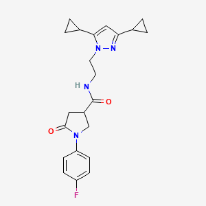 molecular formula C22H25FN4O2 B2559812 N-(2-(3,5-二环丙基-1H-吡唑-1-基)乙基)-1-(4-氟苯基)-5-氧代吡咯烷-3-甲酰胺 CAS No. 2320898-63-1