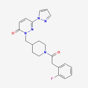 molecular formula C21H22FN5O2 B2559906 2-[[1-[2-(2-Fluorophenyl)acetyl]piperidin-4-yl]methyl]-6-pyrazol-1-ylpyridazin-3-one CAS No. 2380061-02-7