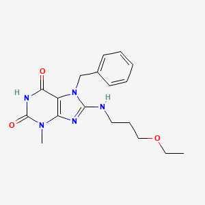 molecular formula C18H23N5O3 B2559920 7-benzyl-8-((3-ethoxypropyl)amino)-3-methyl-1H-purine-2,6(3H,7H)-dione CAS No. 672945-02-7