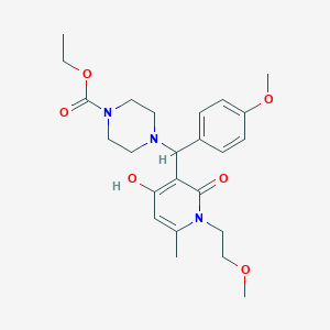 molecular formula C24H33N3O6 B2559925 Ethyl 4-((4-hydroxy-1-(2-methoxyethyl)-6-methyl-2-oxo-1,2-dihydropyridin-3-yl)(4-methoxyphenyl)methyl)piperazine-1-carboxylate CAS No. 897734-77-9